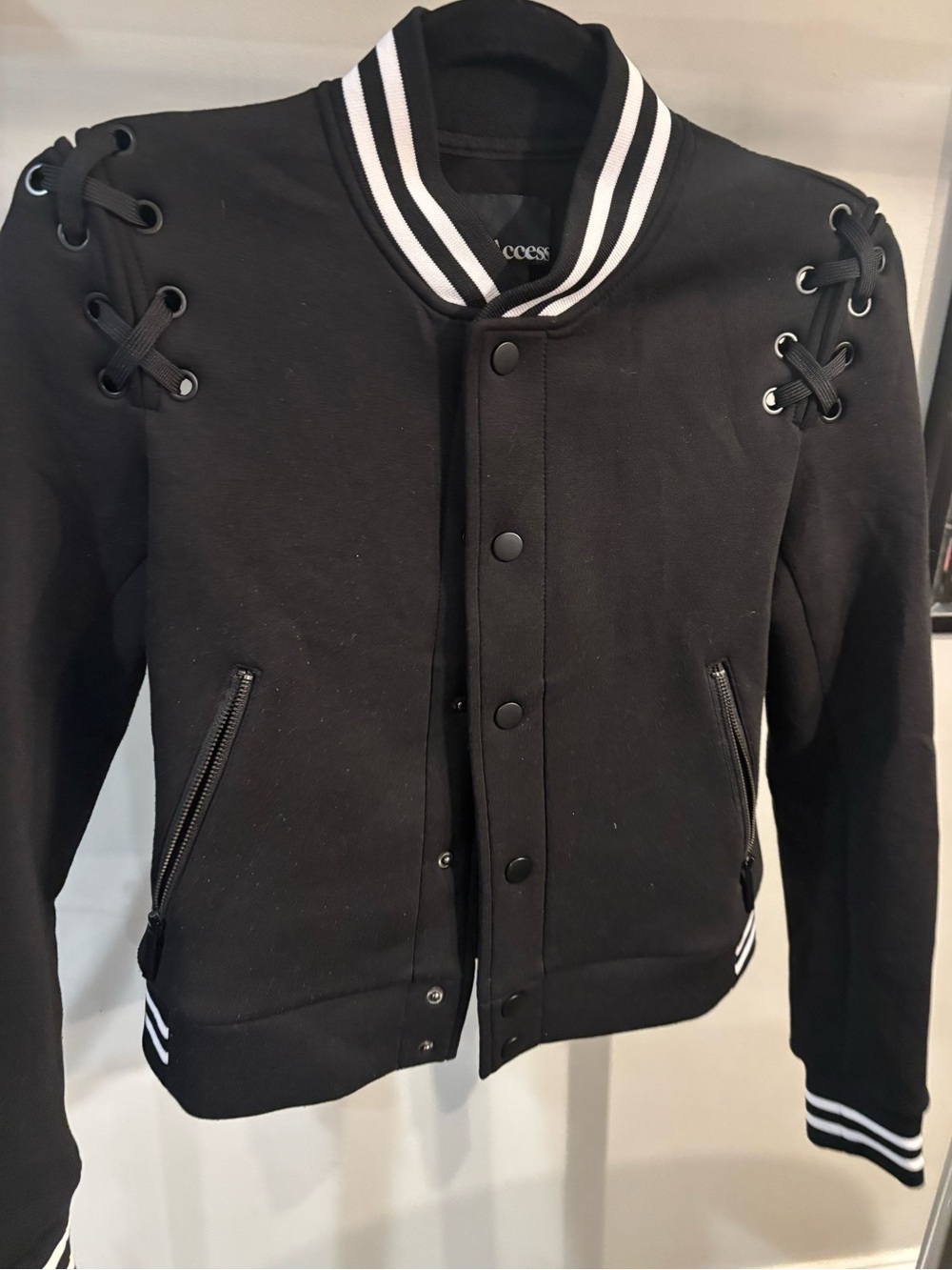 ALL ACCESS Black Lace-Up shoulder Varsity Bomber Jacket size xs